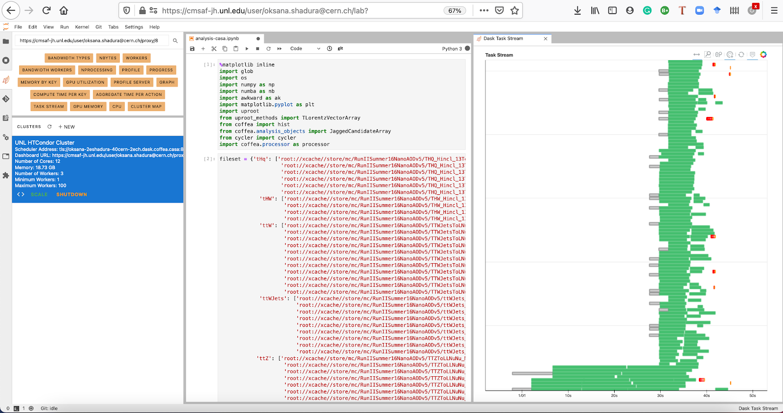 CMS Coffea-Casa Jupyterlab interface with Dask Labextention powered cluster