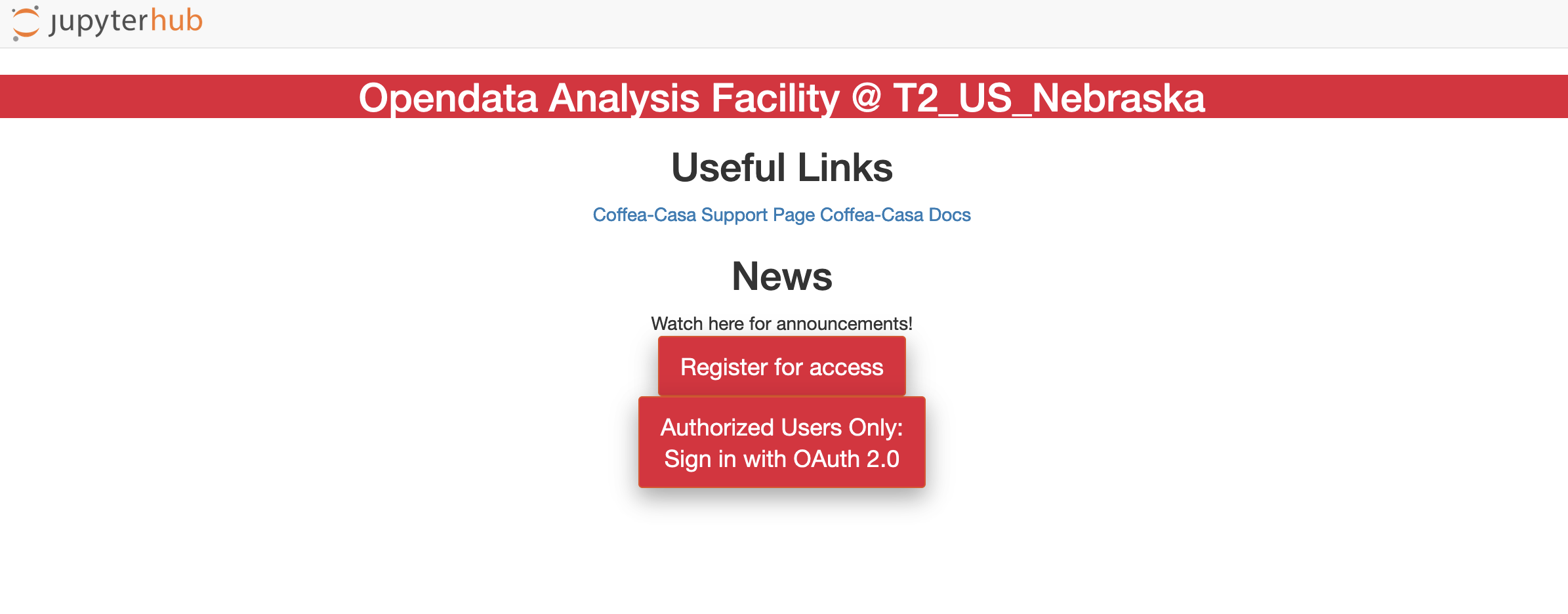 Opendata Coffea-Casa login web-page enabling a user access to Jupyterlab interface with Dask Labextention powered cluster