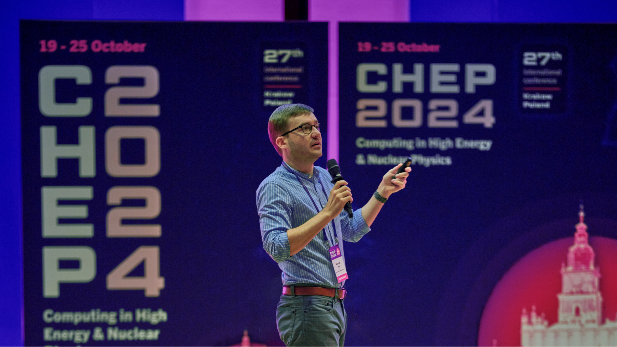 Alex Held, a research scientist at the University of Wisconsin—Madison’s Data Science Institute presents 'The 200 Gbps Challenge: Imagining HL-LHC analysis facilities' at CHEP 2024