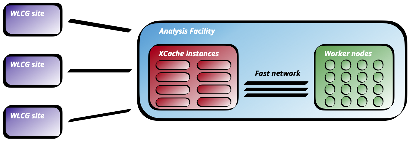 A depiction of key ingredients in the data flow. Data distributed at WLCG sites flows to Analysis facility with caches and worker nodes