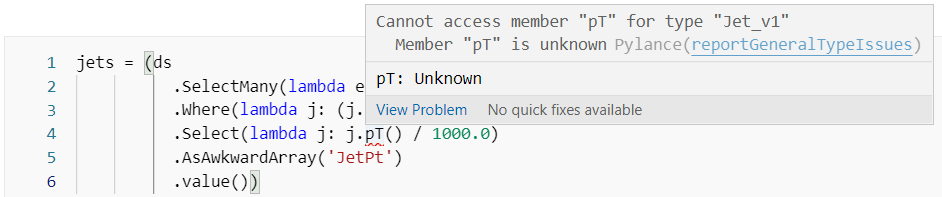 Example of using VSCode's pylance type checker to flag an error